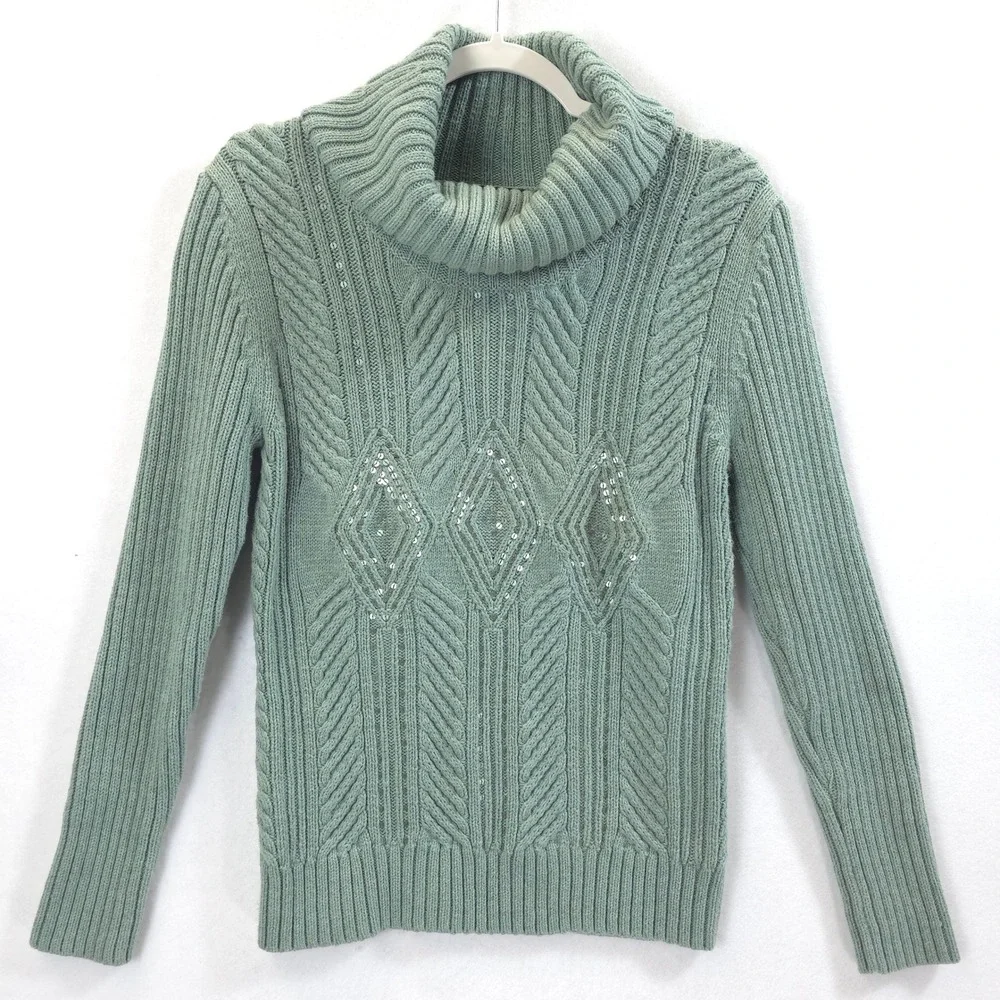 Talbots Sweater Wool Blend Sequin Cable Knit Turtleneck Sage Green Women LP Chic